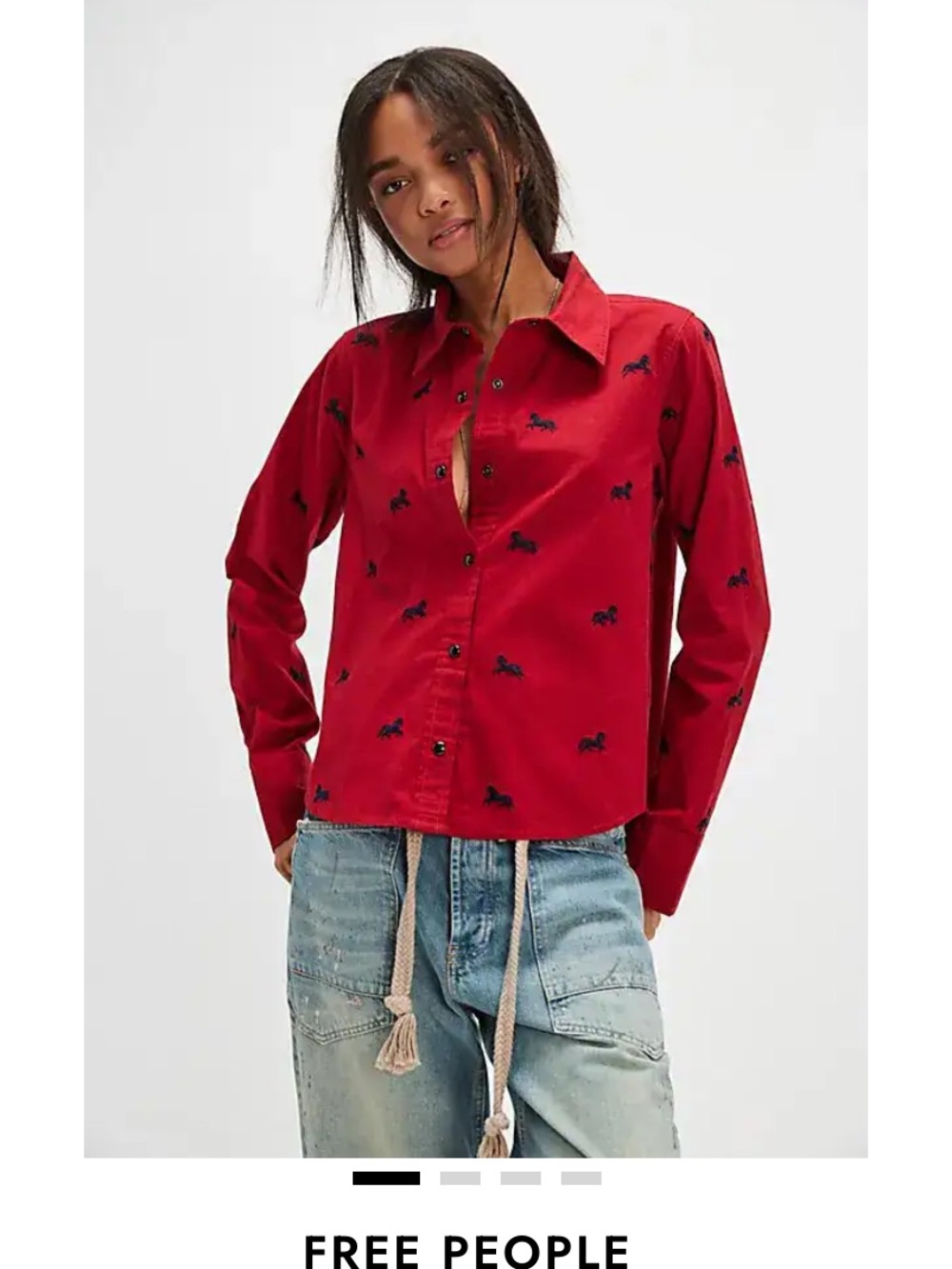 Free People Red Button-Down Shirt with navy Embroidered horses